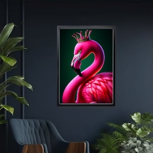 Vibrant Pink Flamingo in a Crown Print on Deep Green Background - Tropical Maximalist Bird Art