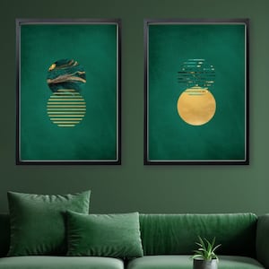 Juego de impresión de pared verde esmeralda y oro, juego de impresión abstracta de 2, carteles de pared verde oscuro de lujo