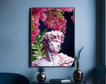 Maximalist David Sculpture with Tropical Botanical Print - Quirky Mediterranean Wall Art