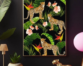 Black Maximalist Leopards Print | Tropical Leopard Wall Art Print | Exotic Jungle Animal Print