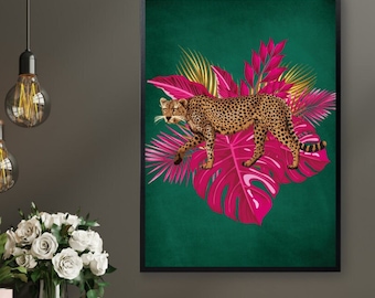 Maximalist Leopard Wall Print in Emerald Green and Hot Pink Jungle Botanicals - Tropical Leopard Art for Bold Home Decor