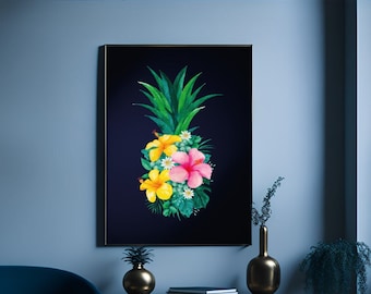 Floral Pineapple Print on Dark Blue Background - Bold Maximalist Wall Art - Statement Tropical Jungle Print