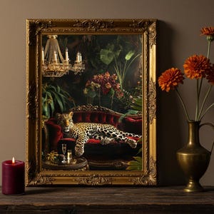 Puede incluir: Una obra de arte enmarcada con un marco dorado y ornamentado. La obra representa un leopardo descansando en un sofá de terciopelo rojo. Un candelabro cuelga encima, y una vela y un jarrón de flores están en primer plano.