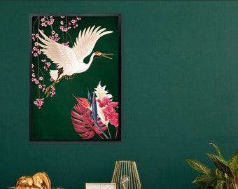 Emerald Green Maximalist Style Crane Wall Print with Cherry Blossom and Exotic Plants - Japanese Inspired Art