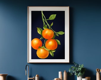 Maximalist Orange Fruit Print on Dark Navy Background | Navy Kitchen Wall Art | Moody Fruit Prints