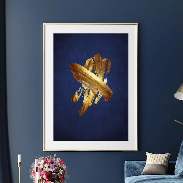 Abstract Navy Blue and Gold Print, Paint Stroke Style Wall Art, Modern Blue Wall Poster
