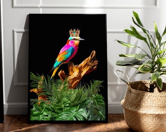 Vibrant Colourful Queen Bird Jungle Maximalist Wall Print: Quirky Statement Art Piece with a Tropical Theme