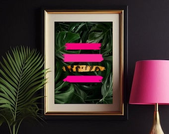 Jungle Leaves Abstract Wall Poster with Hot Pink & Leopard Strokes: A Bold, Botanical, Maximalist Art Print