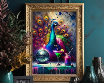 Vibrant Jewel Tone Peacock Party Wall Print - Moody Maximalist Wall Art for Peacock Lovers