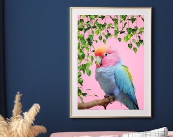 Pastel Tropical Bird With Hanging Botanicals Wall Art Print