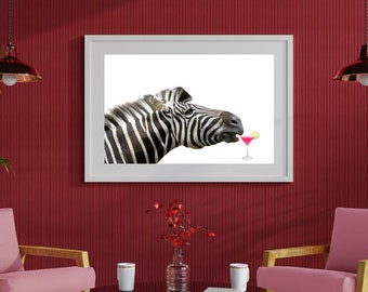 Witzige Zebra-Wandkunst, Cocktail-Wandkunst, Tierthema-Wohnkultur