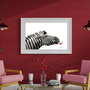 Eigenzinnige zebrakunst aan de muur, cocktailmuurprint, woondecoratie dierenthema