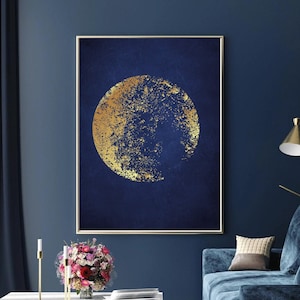 Dark Navy & Gold Mond Wandkunst | Mond Print auf Marine | Himmlische Dekor | Dark Luxe Statement Kunstwerk für moderne Interieurs