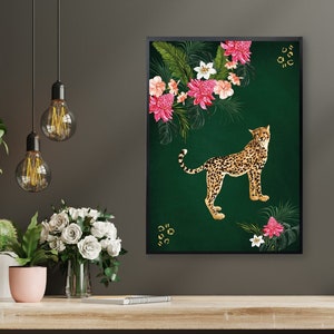 Emerald Green Tropical Maximalist Leopard Print - Jungle Flower Wall Decor - Bold Wall Print Art