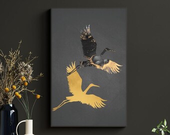 Zwart-gouden kraanvogelprint, muurkunst in Japanse inktstijl