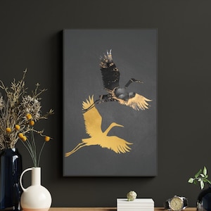 Black and Gold Crane Print, Crane Birds Wall Art, Japanese Inspired Crane Print, Fluid Ink Art Style