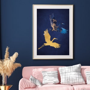 Navy Blue and Gold Crane Print, Crane Birds Wall Art, Japanese Inspired Crane Print