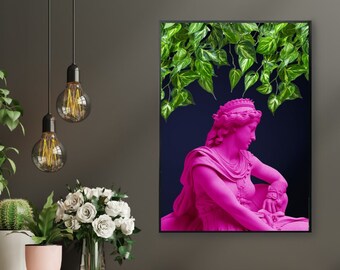 Hot Pink Goddess Athena Wall Print: Botanical Maximalist Art Print with Dark Blue Background and Hanging Foliage - Mediterranean Maximalism