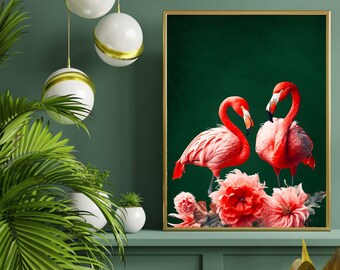 Vibrant Pink and Navy Tropical Hummingbird Print - Bold Maximalist Jungle Wall Art