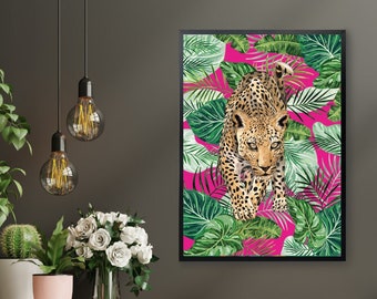 Vibrant Maximalist Leopard Jungle Wall Print - Tropical Botanical Wall Art with Hot Pink Accents