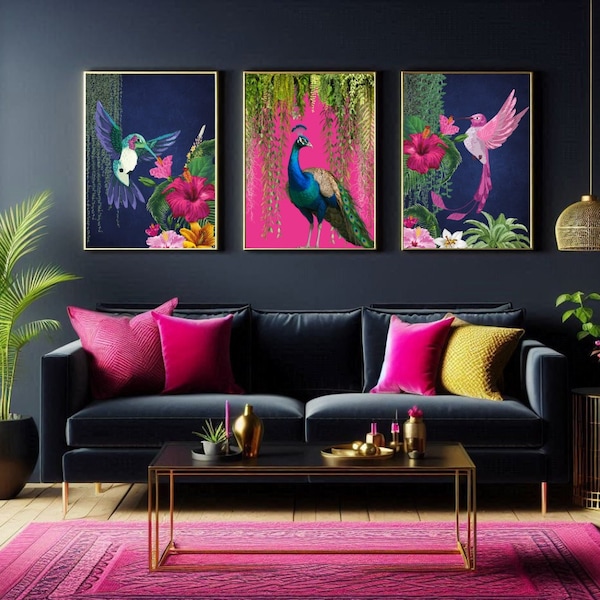 Tropisches Vogel Print Set – Maximalistische Kolibri & Pfau Kunst
