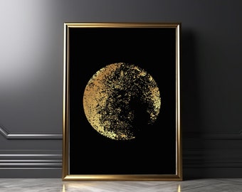 Zwart en goud luxe maanprint, dramatische hemelse muurkunst