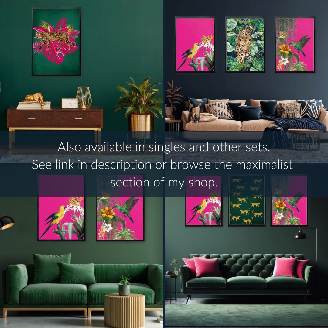 Tropical Maximalist Set of 3 Prints | Jungle Wall Art | Emerald Green ...