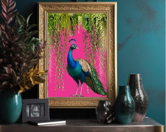 Vibrant Tropical Peacock and Jungle Foliage Art Print on Hot Pink Background, Exotic Bird Wall Decor