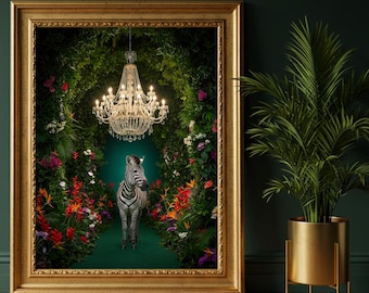 Zebra Chandelier Wall Art | Maximalist Jungle Luxe Print | Dark Glam Botanical Decor | Eclectic Statement Artwork | Moody Exotic Aesthetic