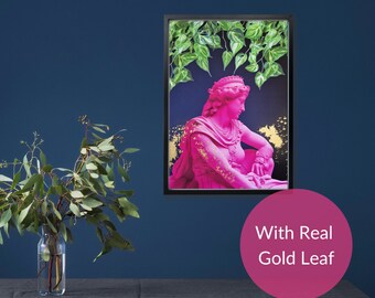 Limited Edition Hot Pink Athena Wall Print - Vibrant Statement Art with Gold Leaf Detailing on Dark Blue Background