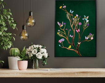May include: A framed print of a stylized tree with colorful flowers and butterflies on a dark green background.