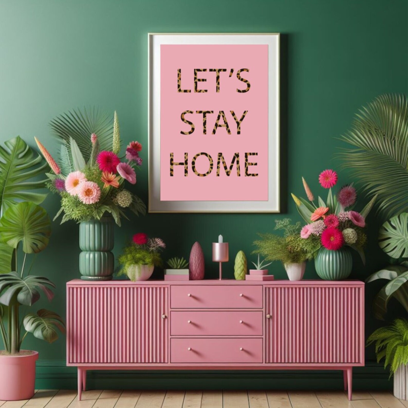 Leopard Print 'let's Stay Home' Pink Wall Art, Maximalist Decor - Etsy