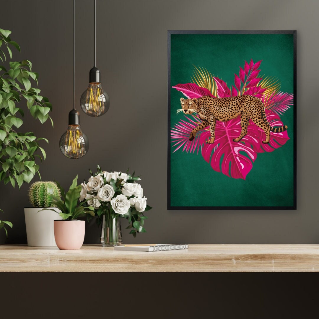 Curated visual reference: Visual Reference: Maximalist Leopard Wall Print In Emerald Green And Hot Pink