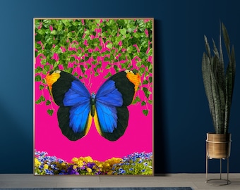 May include: A vibrant blue butterfly with orange and black accents is framed by green leaves against a bright pink background. The butterfly is centered in the image and appears to be flying.