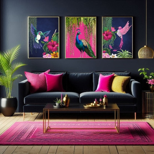 Tropical Bird Print Set – Maximalist Hummingbird & Peacock Art