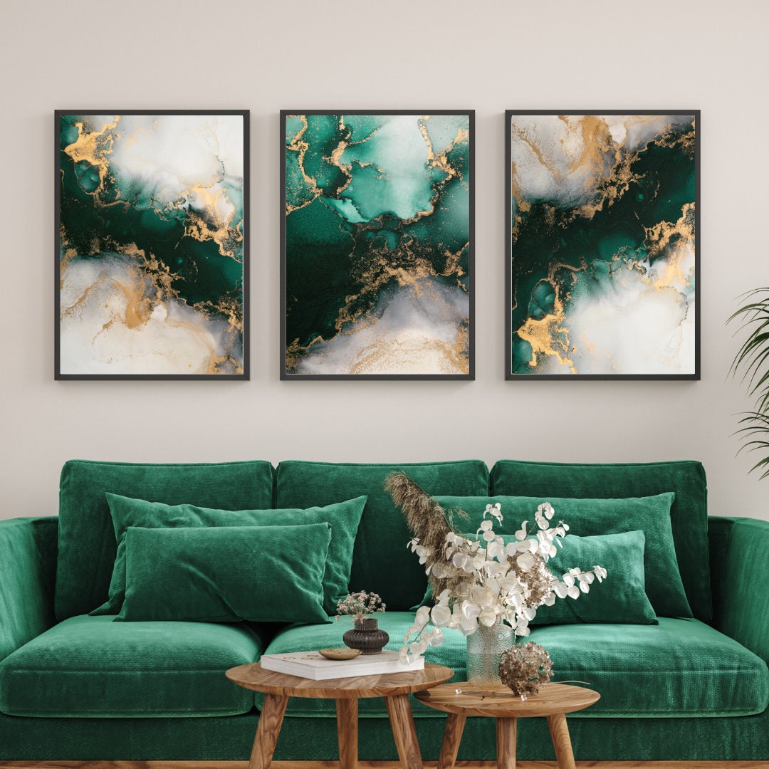 Smaragdgrün & Gold Fluid Ink Print Set, Wohnzimmer Wandposter, Glam Print 3er Set
