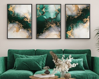 Emerald Green & Gold Fluid Ink Print Set, Living Room Wall Posters, Glam Wall Print Set of 3