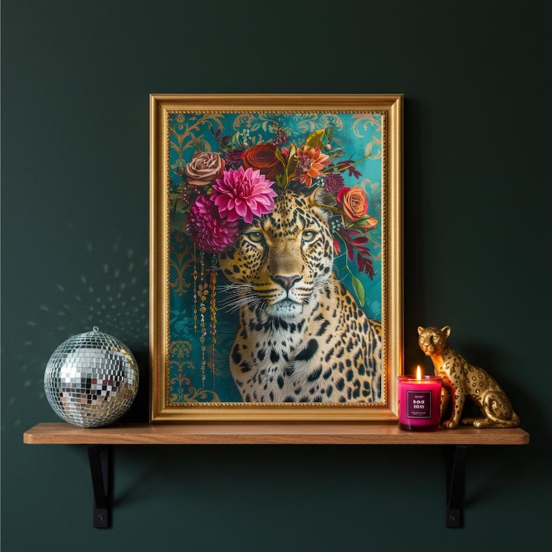 Leopard Floral Crown Art Print | Maximalist Jungle Cat Decor - Etsy