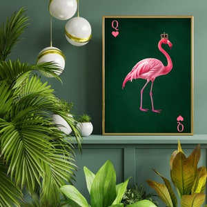 Impresión de flamenco de reina de corazones: Arte de pared de flamenco estilo naipe vibrante, Obra maestra maximalista de declaración de animales