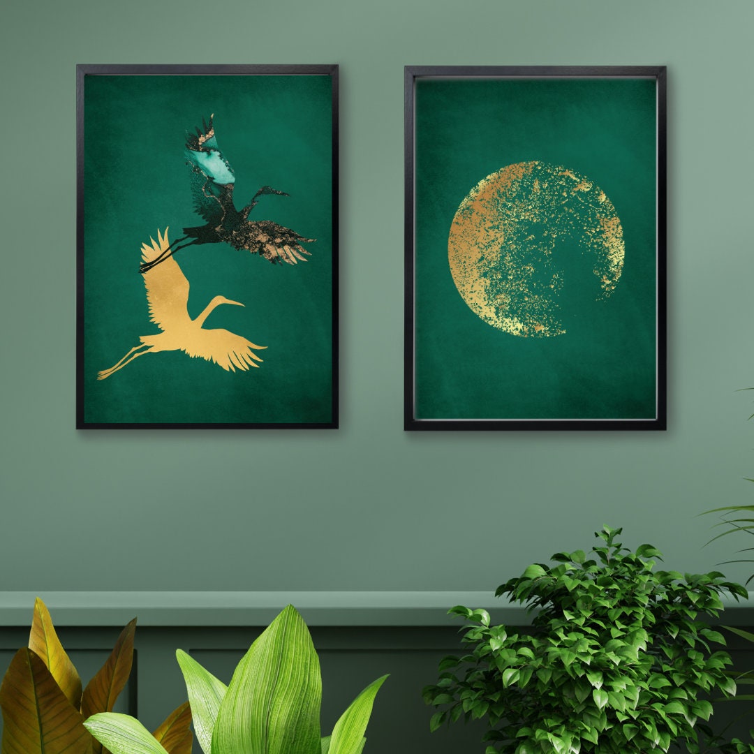 Emerald Green & Gold Print Set, Gold Moon Wall Print, Gold Crane