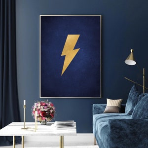 May include: A gold lightning bolt graphic on a dark blue background. The graphic is in a modern minimalist style and is perfect for a contemporary home decor piece.