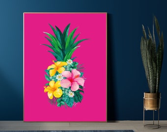 Hot Pink Floral Pineapple Print - Bold Maximalist Wall Art - Statement Wall Print
