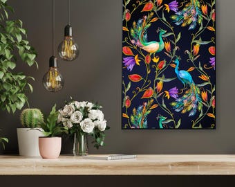 Maximalist Bright Peacock Exotic Wall Print | Jewel-Toned Tropical Art | Bold Moody Maximalist Prints