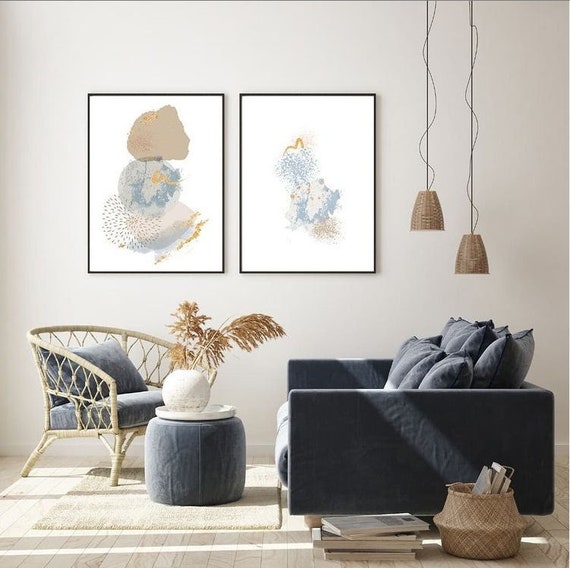Beige and Blue Abstract Art Wall Prints Modern Greige Wall Print