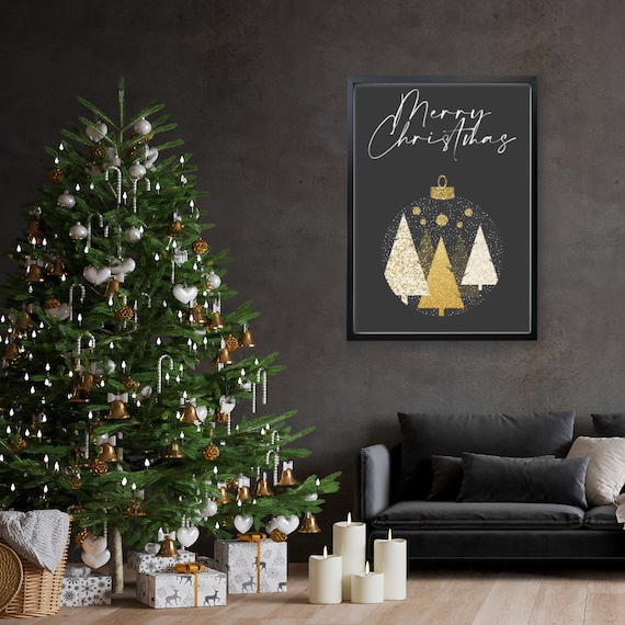 Reizende handelaar Kind pensioen Zwart en goud vrolijke kerstbal print kerstboom wall art - Etsy België
