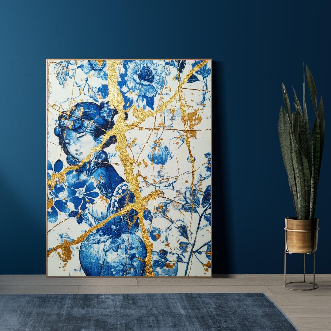 Kintsugi Style Art Print | Blue & Gold Antique Japanese Decor - Etsy