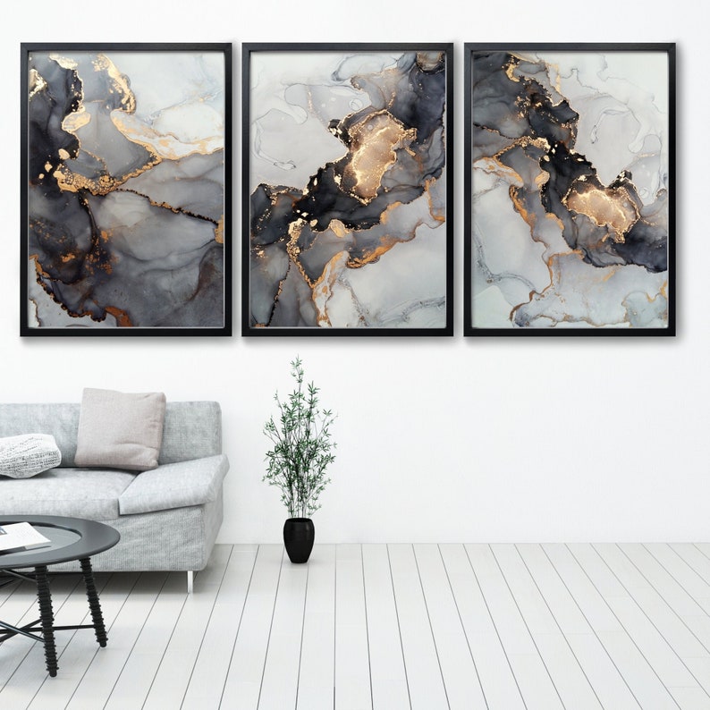 Black/Grey and Gold Fluid Ink Wall Art Prints, Liquid Art Style Print Set, Set of 3 abstract style prints 