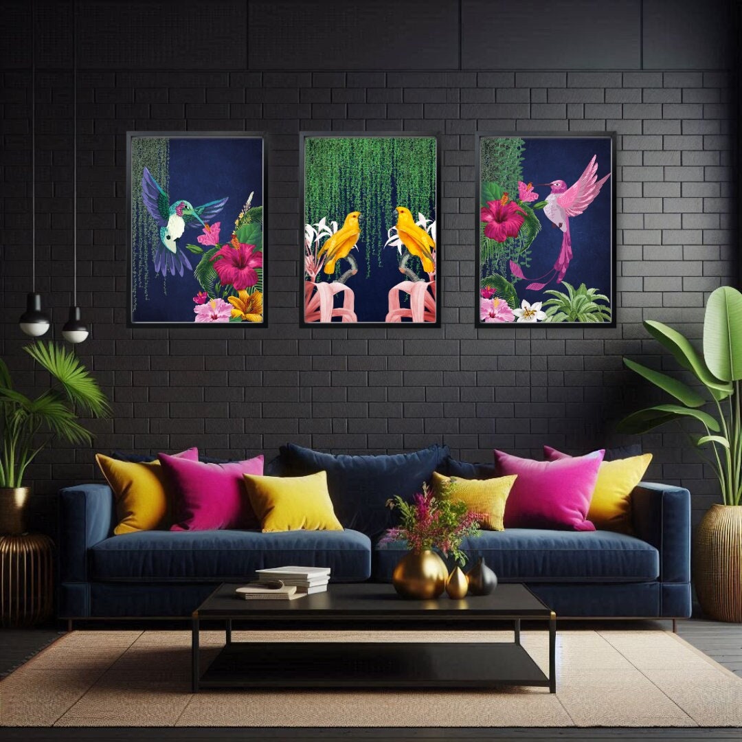 Vibrant Tropical Maximalist Art Print Set of 3 - Navy, Pink & Yellow ...