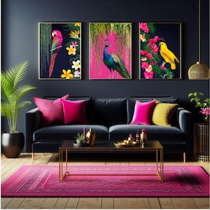 Juego de 3 impresiones de aves maximalistas tropicales vibrantes: pavo real exótico rosa fuerte y pájaro de la jungla azul marino / Arte de pared exótico colorido