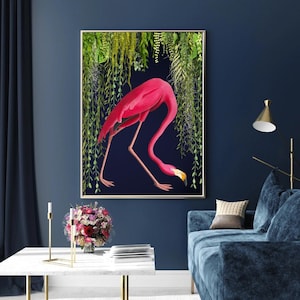 Vibrant Pink Flamingo Tropical Wall Print | Maximalist Flamingo Wall Art with Bold Colours
